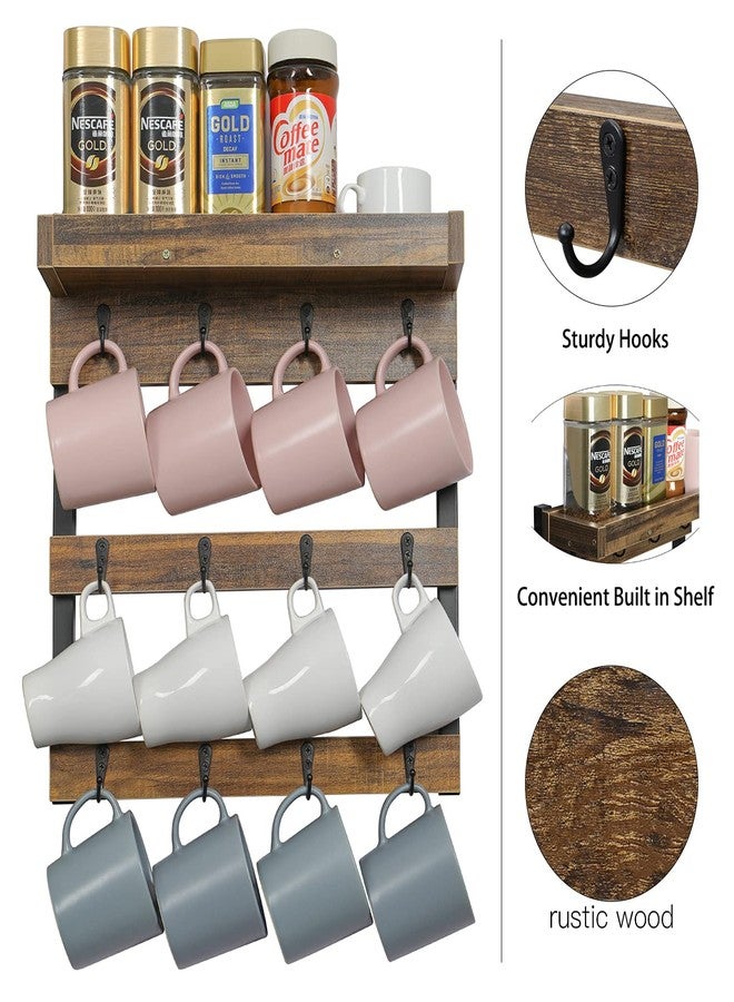 OROPY Coffee Mug Rack Wall Mounted, Rustic Wood Cups Rack with 12 Hooks and Storage Shelf, for Home Kitchen Display and Collection (Rustic Brown) - Image 4